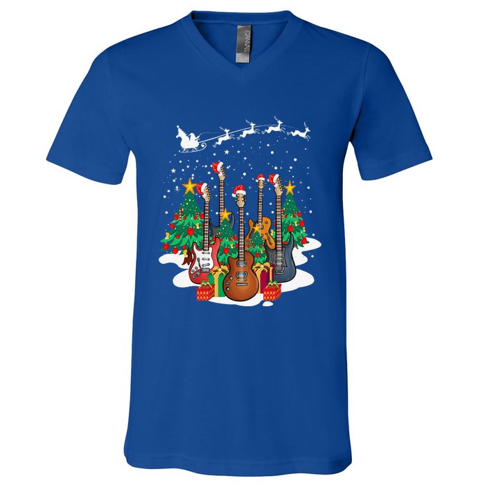 Guitar Santa Hat Christmas Tree Funny Music Loves Xmas Gifts V-Neck T-Shirt