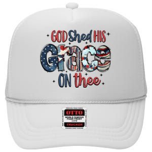 God Shed His Grace On Thee 4th Of July Groovy Patriotic High Crown Mesh Back Trucker Hat