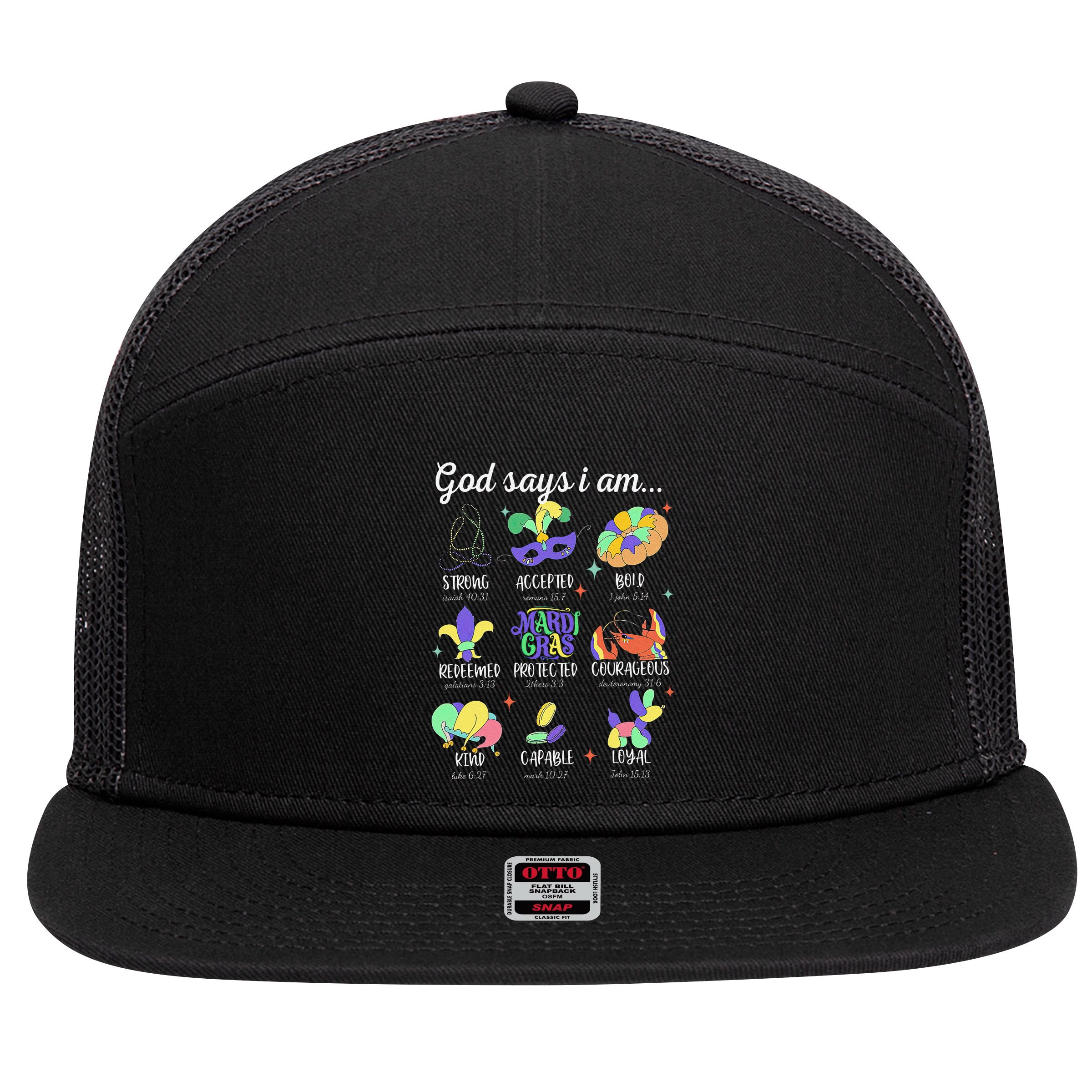 God Says I Am Mardi Gras Christian Bible Verse Fattuesday 7 Panel Mesh Trucker Snapback Hat