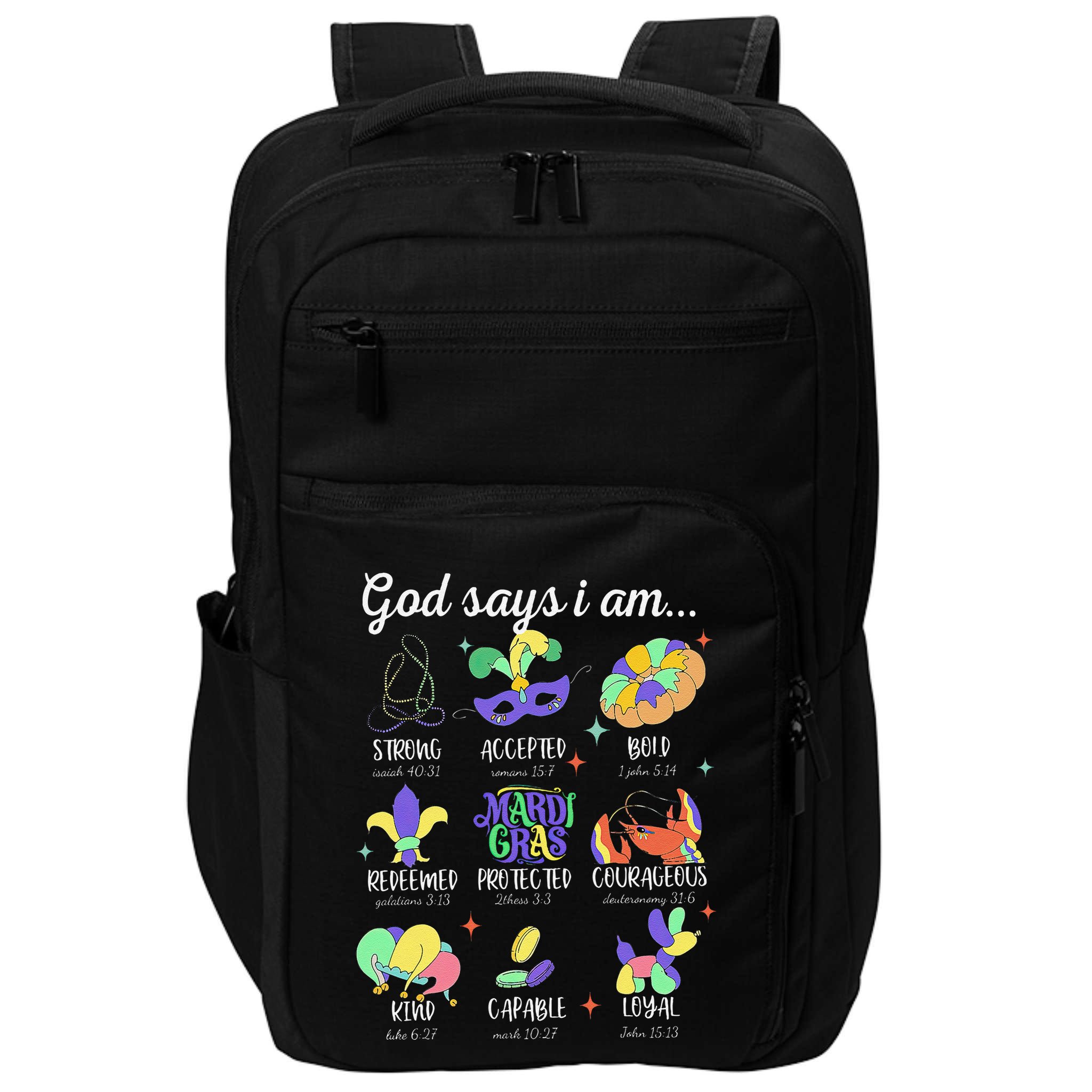 God Says I Am Mardi Gras Christian Bible Verse Fattuesday Impact Tech Backpack