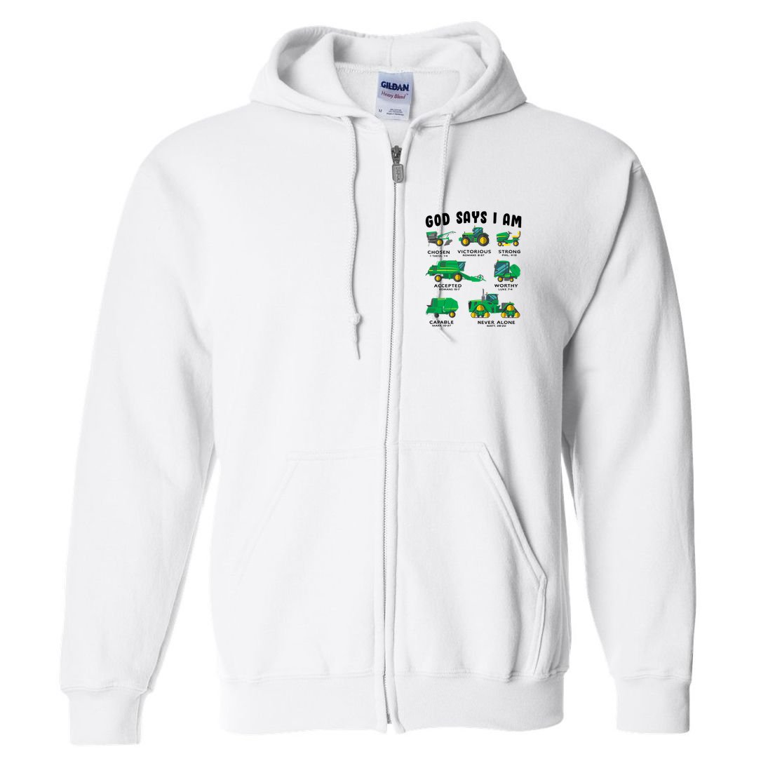 God Says I Am Tractor Farm Truck Bible Verse Full Zip Hoodie