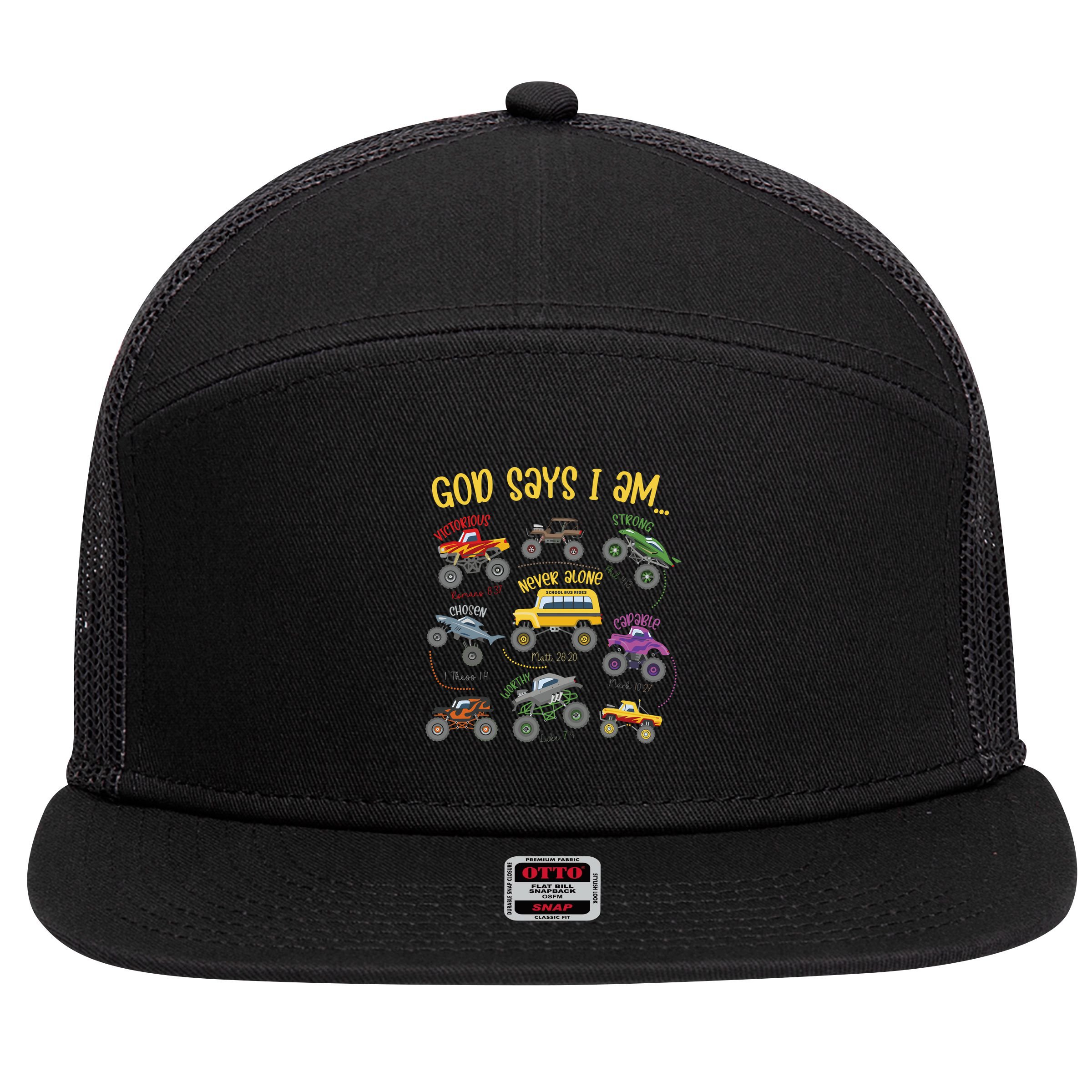 God Says I Am Construction Bible Verse Truck 7 Panel Mesh Trucker Snapback Hat