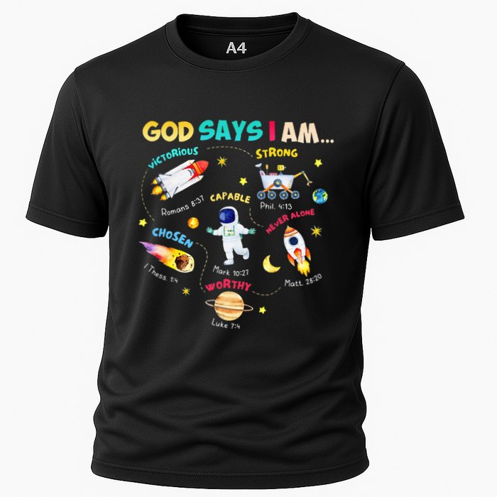 God Says I Am Outer Space Themed Bible Christian Cooling Performance Crew T-Shirt