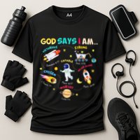 God Says I Am Outer Space Themed Bible Christian Cooling Performance Crew T-Shirt