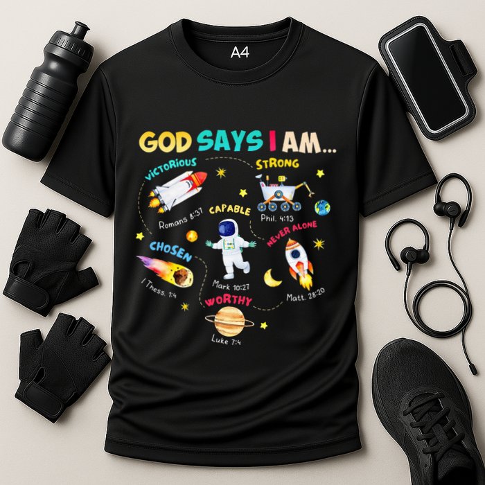 God Says I Am Outer Space Themed Bible Christian Cooling Performance Crew T-Shirt