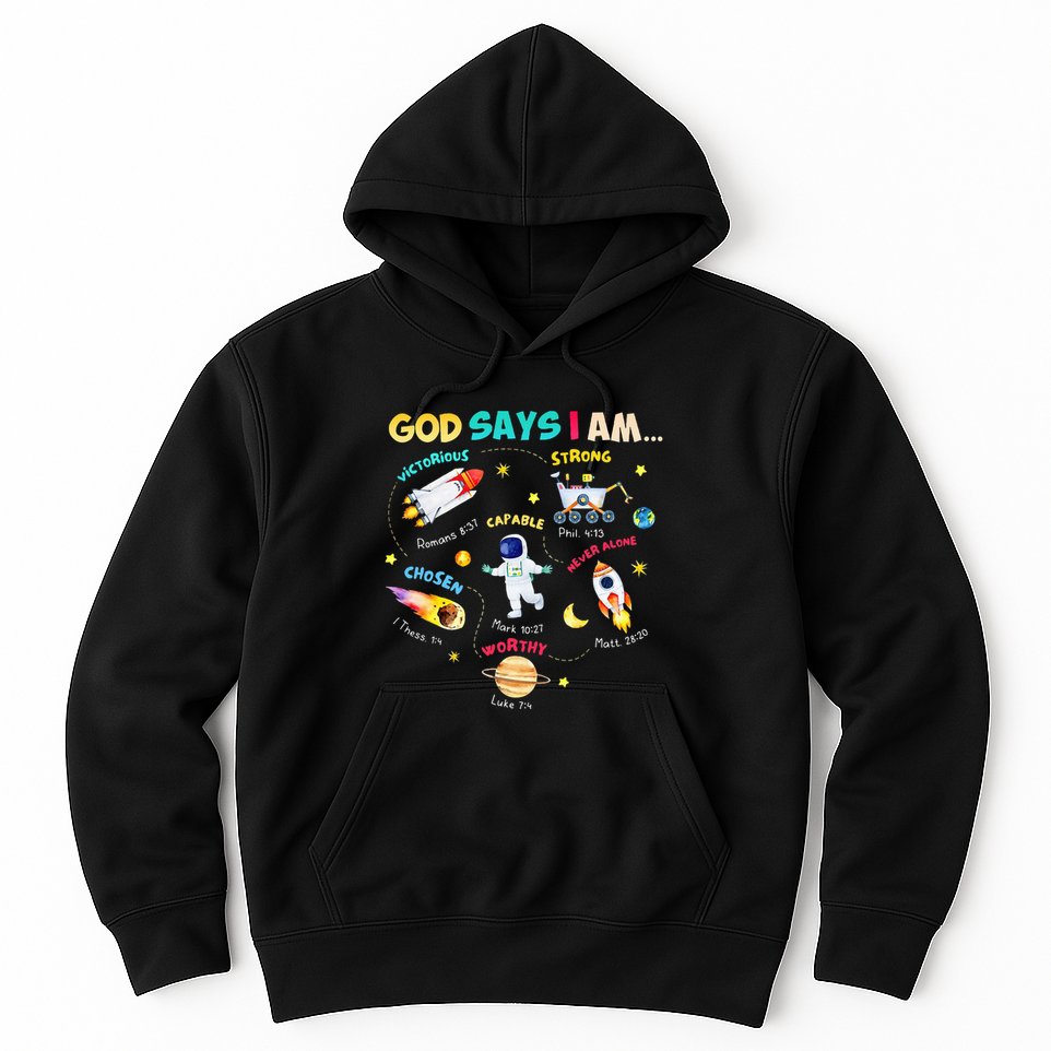 God Says I Am Outer Space Themed Bible Christian Hoodie