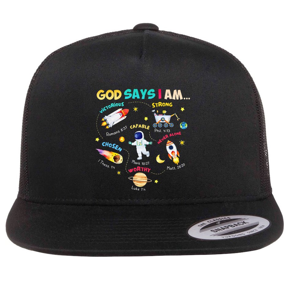 God Says I Am Outer Space Themed Bible Christian Flat Bill Trucker Hat