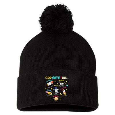 God Says I Am Outer Space Themed Bible Christian Pom Pom 12in Knit Beanie