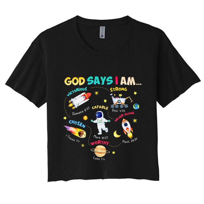 God Says I Am Outer Space Themed Bible Christian Women's Crop Top Tee