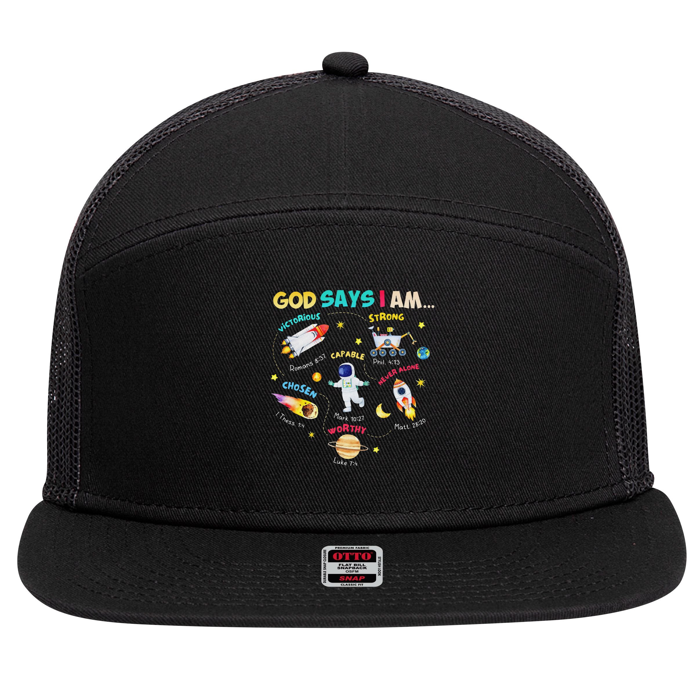God Says I Am Outer Space Themed Bible Christian 7 Panel Mesh Trucker Snapback Hat