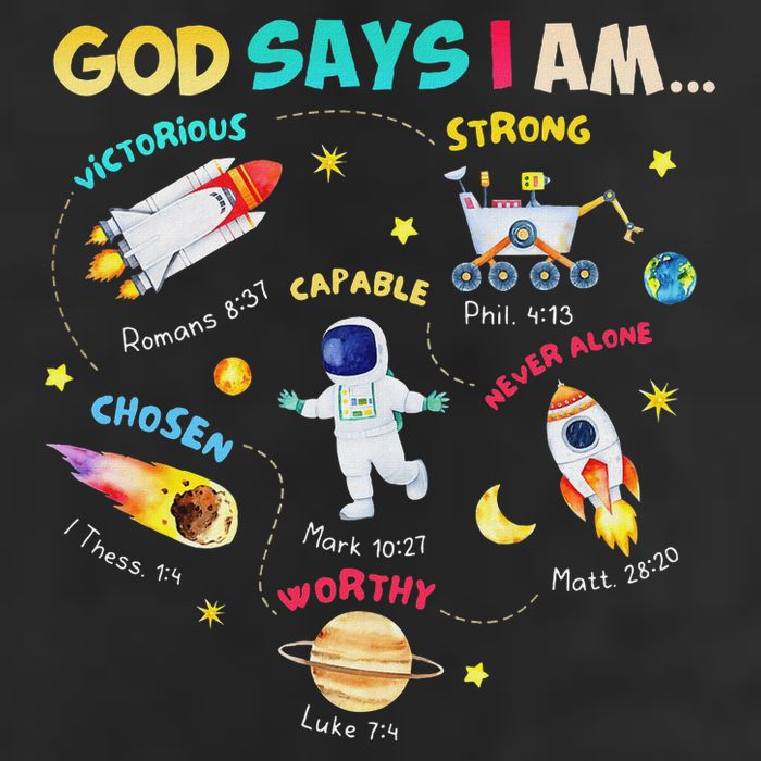 God Says I Am Outer Space Themed Bible Christian 7 Panel Mesh Trucker Snapback Hat