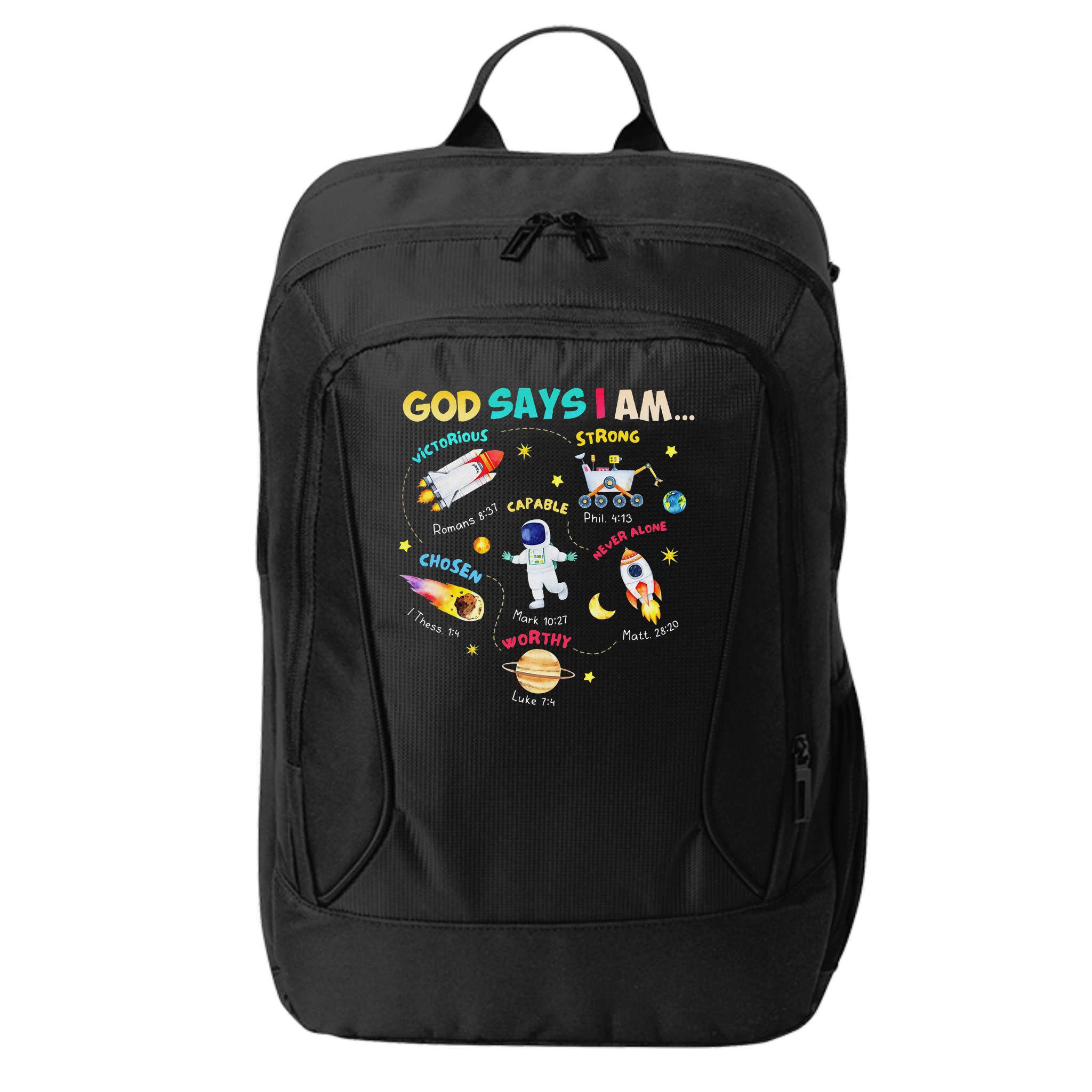 God Says I Am Outer Space Themed Bible Christian City Backpack