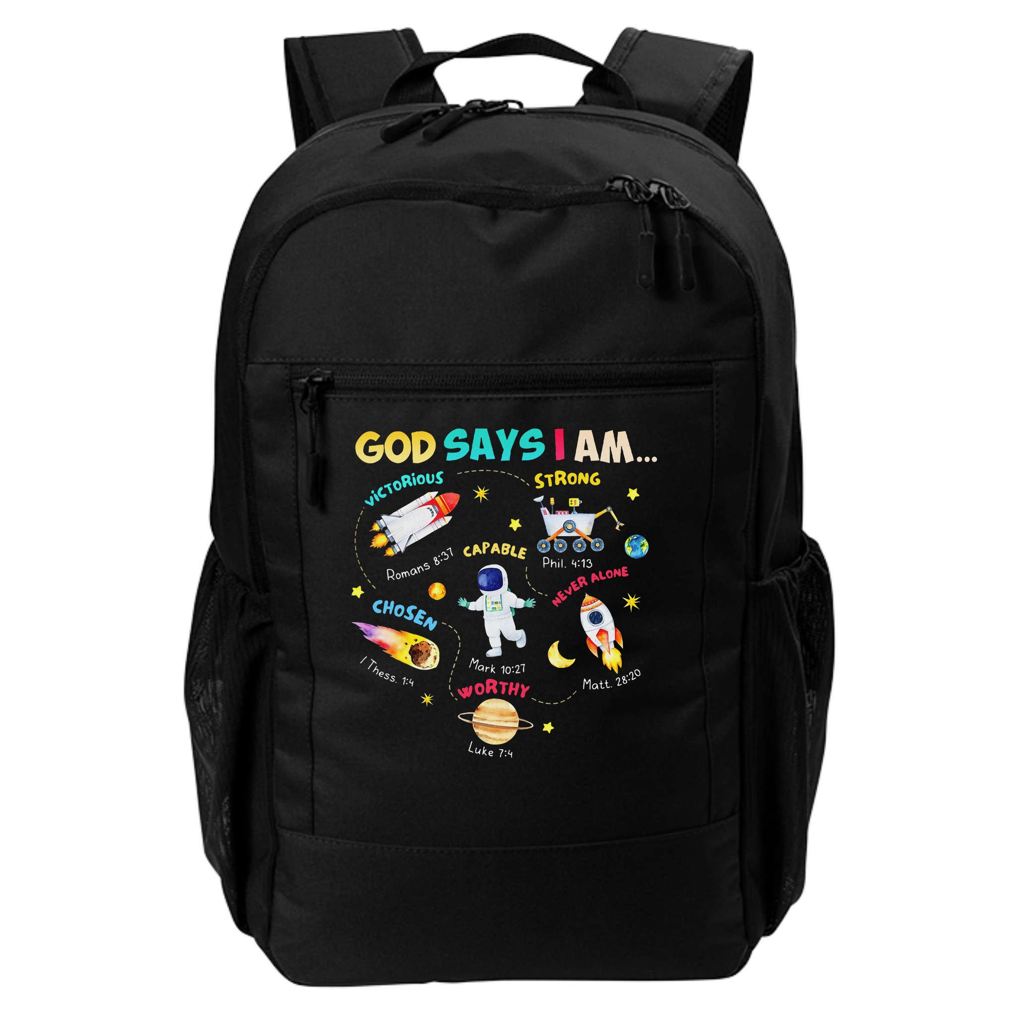 God Says I Am Outer Space Themed Bible Christian Backpack