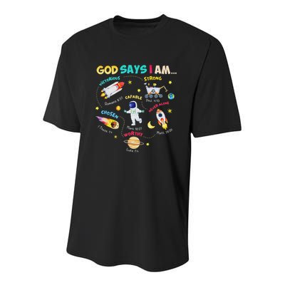 God Says I Am Outer Space Themed Bible Christian Youth Performance Sprint T-Shirt