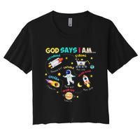 God Says I Am Outer Space Themed Bible Christian Women's Crop Top Tee