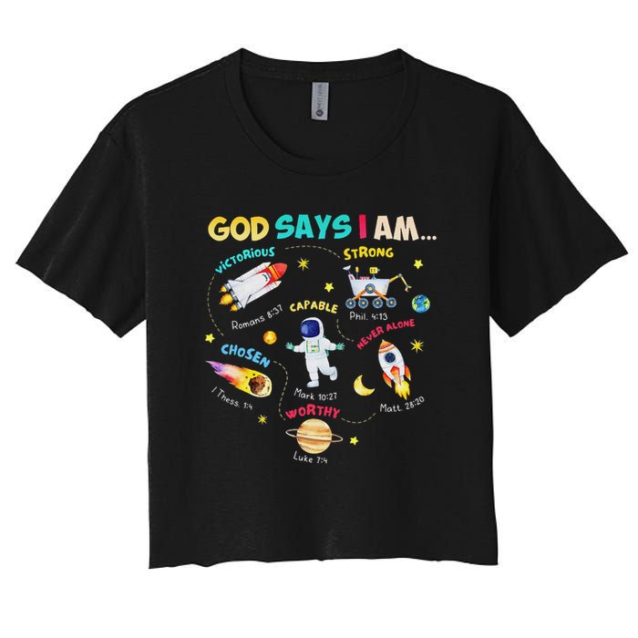 God Says I Am Outer Space Themed Bible Christian Women's Crop Top Tee