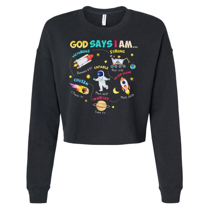 God Says I Am Outer Space Themed Bible Christian Cropped Pullover Crew