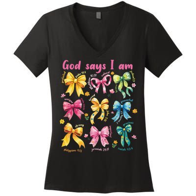 God Says I Am Coquette Bow Floral Christian Mothers Day Women's V-Neck T-Shirt
