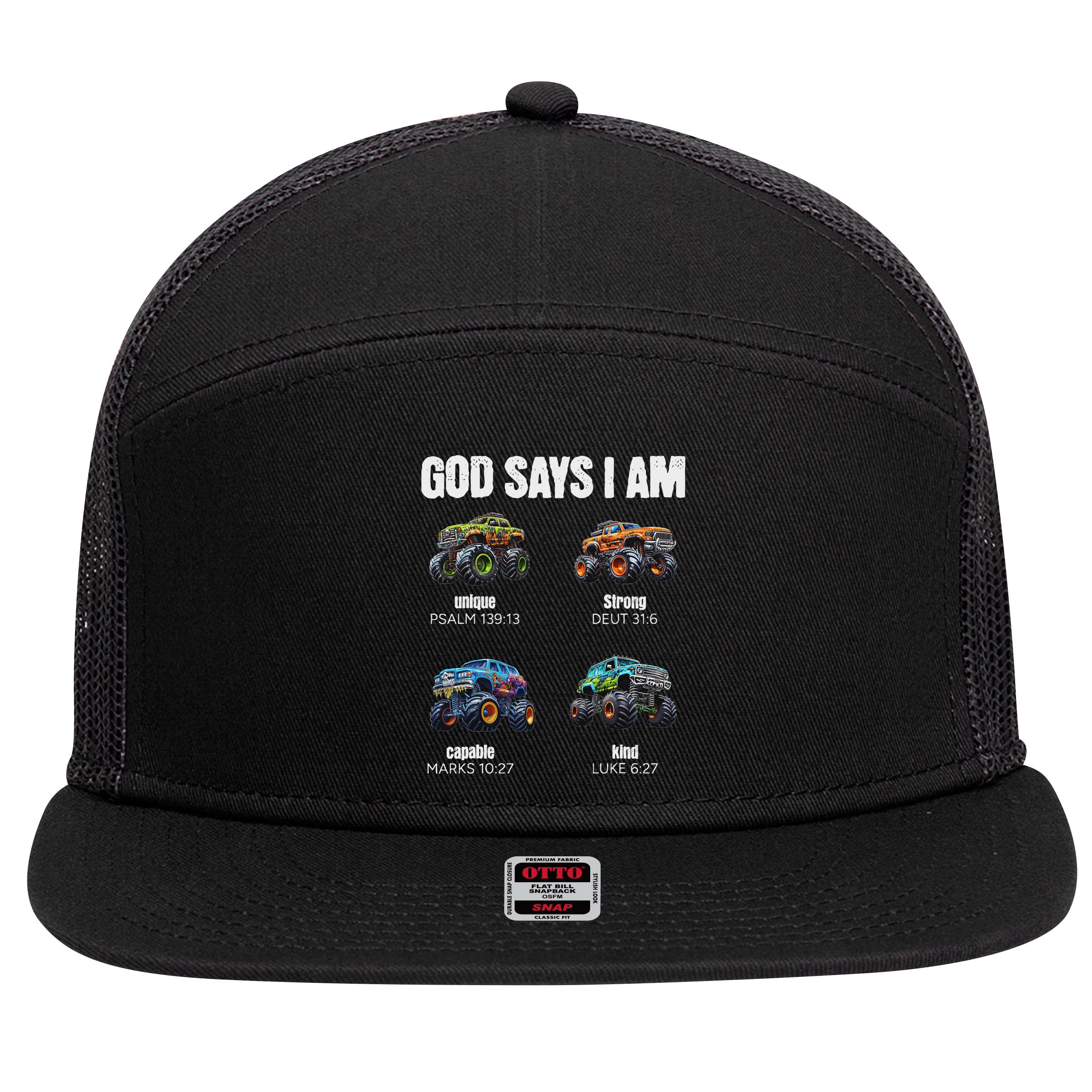 God Says I Am Christian Monster Truck 7 Panel Mesh Trucker Snapback Hat
