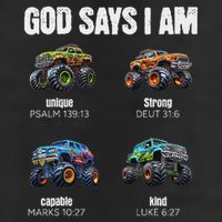 God Says I Am Christian Monster Truck 7 Panel Mesh Trucker Snapback Hat