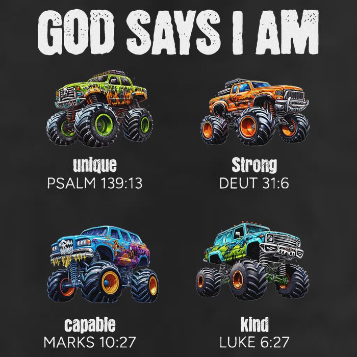 God Says I Am Christian Monster Truck 7 Panel Mesh Trucker Snapback Hat