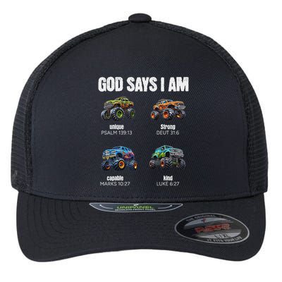God Says I Am Christian Monster Truck Flexfit Unipanel Trucker Cap