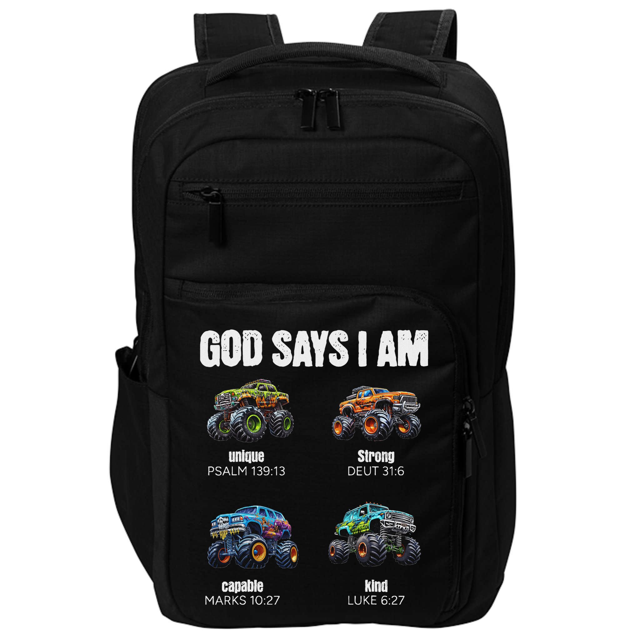 God Says I Am Christian Monster Truck Impact Tech Backpack