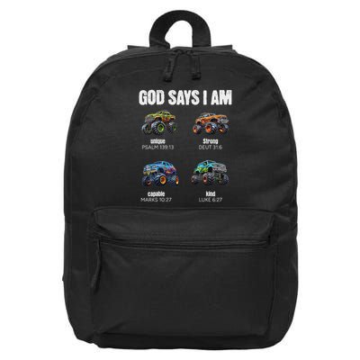 God Says I Am Christian Monster Truck 16 in Basic Backpack