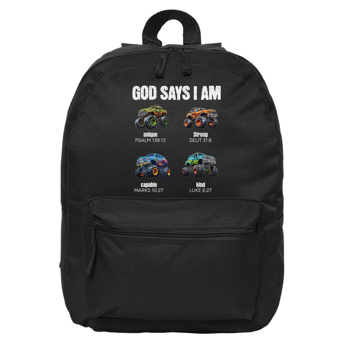 God Says I Am Christian Monster Truck 16 in Basic Backpack