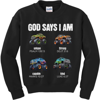 God Says I Am Christian Monster Truck Kids Sweatshirt