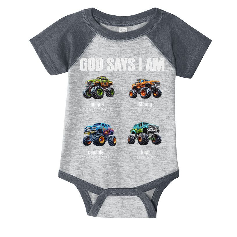God Says I Am Christian Monster Truck Infant Baby Jersey Bodysuit