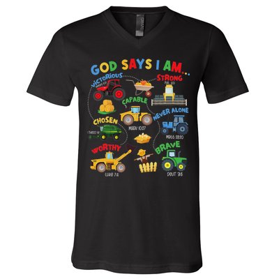 God Says I Am Bible Verse Farm Tractor Farmer Tractors V-Neck T-Shirt
