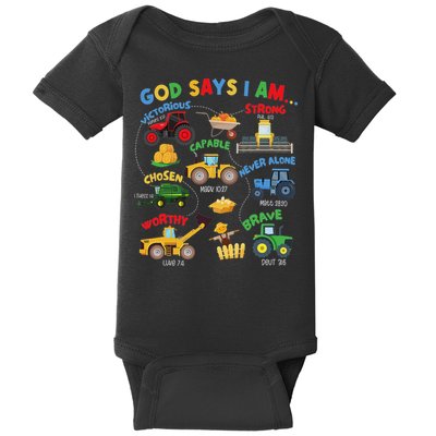 God Says I Am Bible Verse Farm Tractor Farmer Tractors Baby Bodysuit