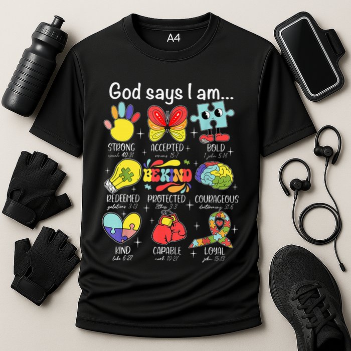 God Says I Am Autism Awareness Be Kind Christian Jesus Cooling Performance Crew T-Shirt