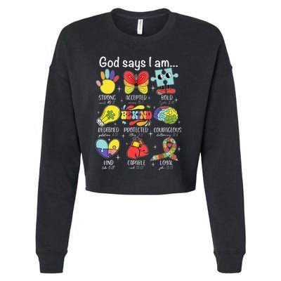 God Says I Am Autism Awareness Be Kind Christian Jesus Cropped Pullover Crew