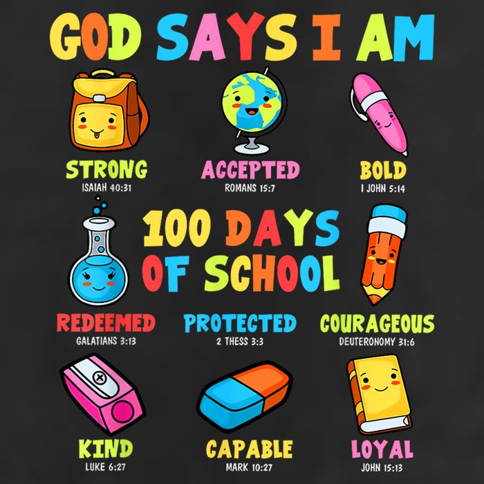God Says I Am 100 Days Of School Christ Bible Saying Graphic 7 Panel Mesh Trucker Snapback Hat