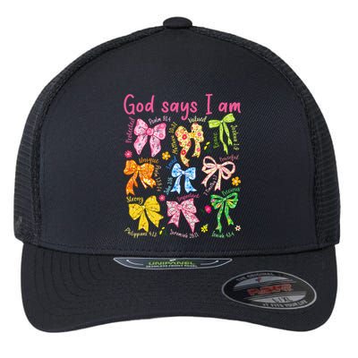God Says I Am Coquette Bow Floral Christian Mother's Day Flexfit Unipanel Trucker Cap