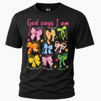 God Says I Am Coquette Bow Floral Christian Mother's Day Cooling Performance Crew T-Shirt
