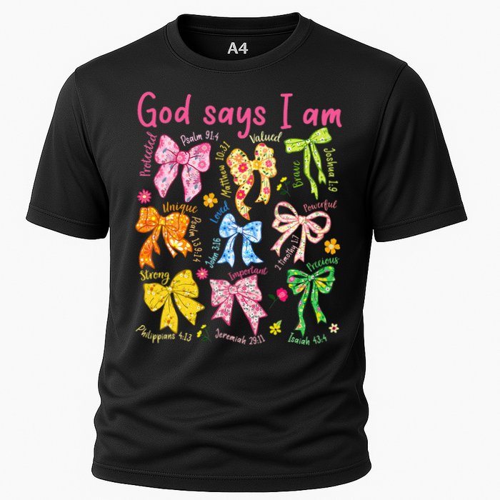 God Says I Am Coquette Bow Floral Christian Mother's Day Cooling Performance Crew T-Shirt