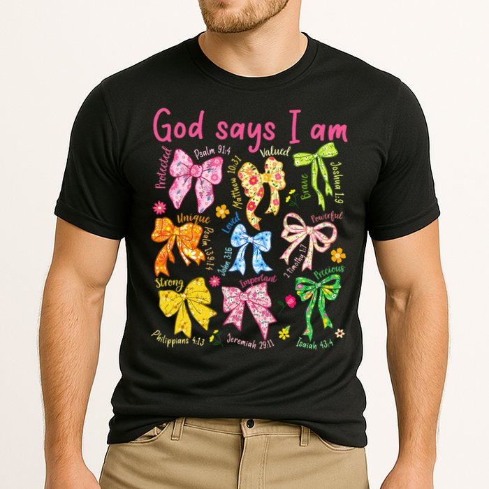 God Says I Am Coquette Bow Floral Christian Mother's Day Cooling Performance Crew T-Shirt