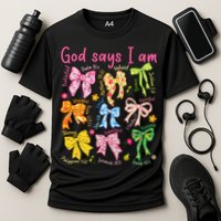 God Says I Am Coquette Bow Floral Christian Mother's Day Cooling Performance Crew T-Shirt
