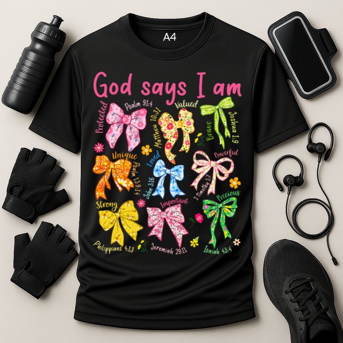 God Says I Am Coquette Bow Floral Christian Mother's Day Cooling Performance Crew T-Shirt