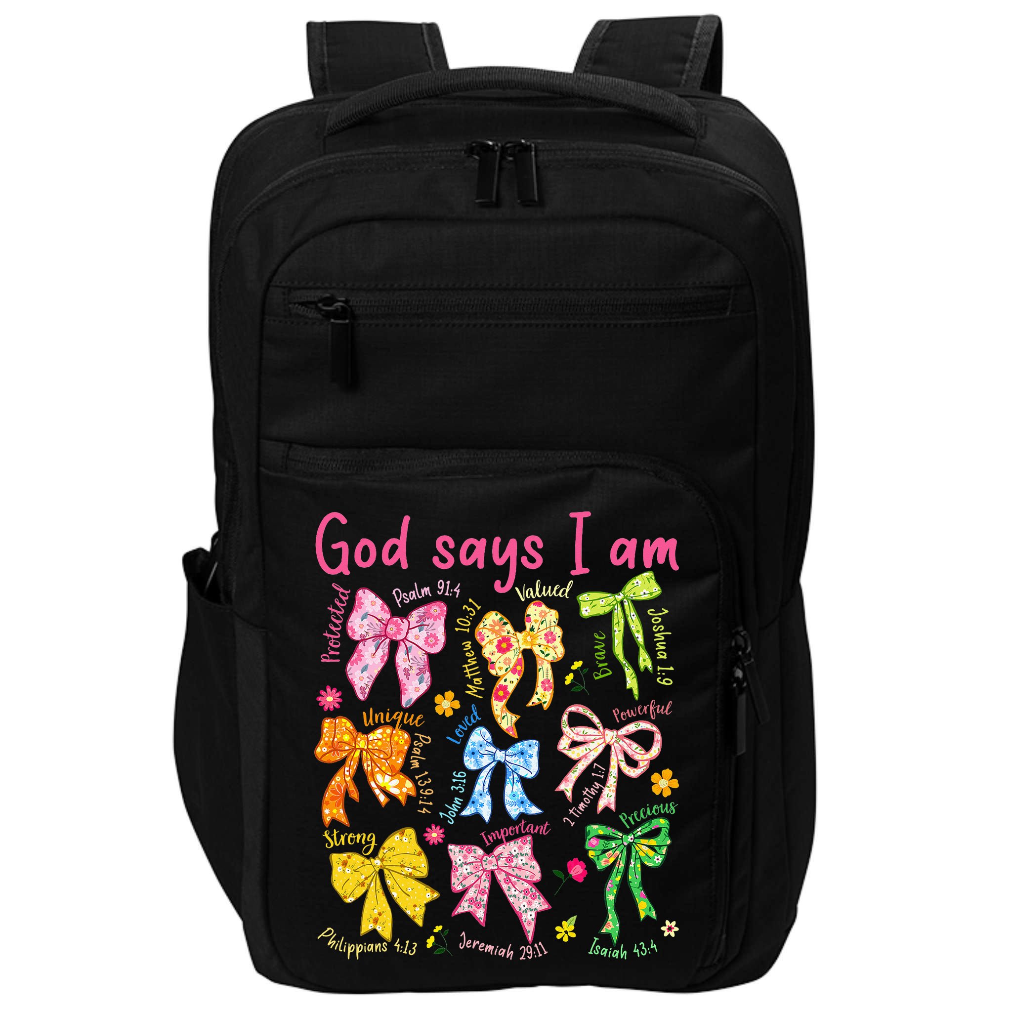 God Says I Am Coquette Bow Floral Christian Mother's Day Impact Tech Backpack