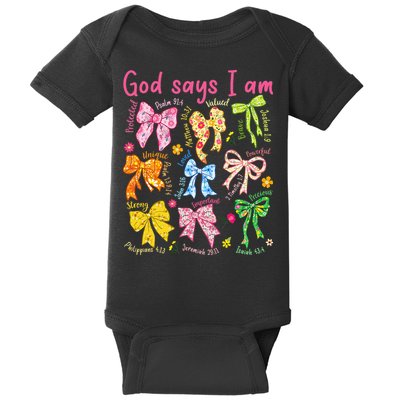 God Says I Am Coquette Bow Floral Christian Mother's Day Baby Bodysuit