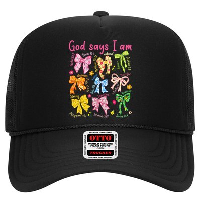 God Says I Am Coquette Bow Floral Christian Mother's Day Trucker Hat