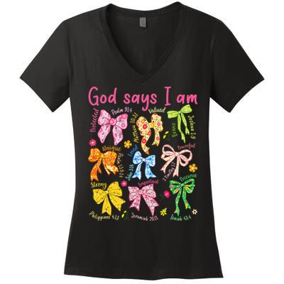 God Says I Am Coquette Bow Floral Christian Mother's Day Women's V-Neck T-Shirt