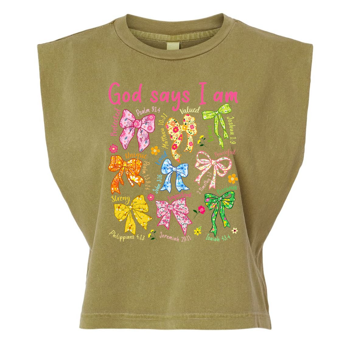 God Says I Am Coquette Bow Floral Christian Mother's Day Garment-Dyed Women's Muscle Tee
