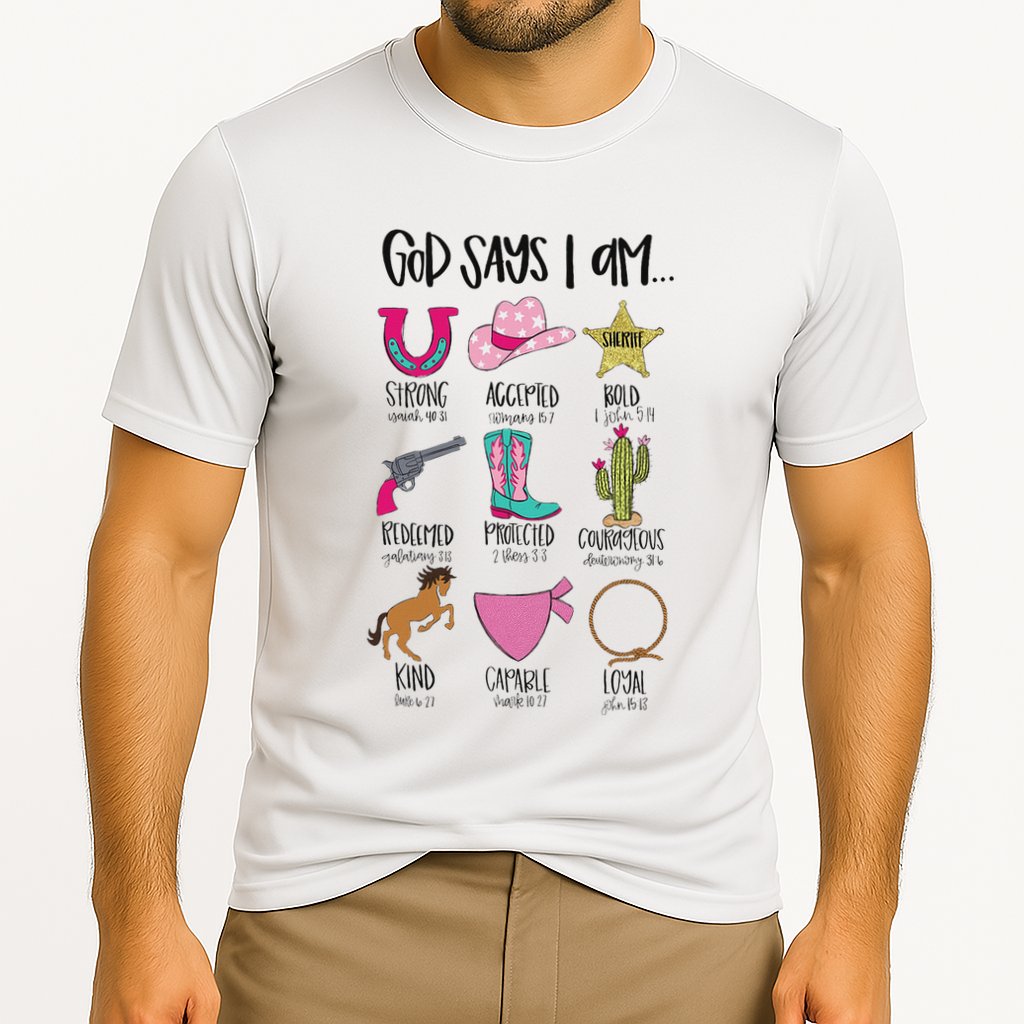 God Says I Am Cowgirl Christian Western Country Bible Verse Cooling Performance Crew T-Shirt