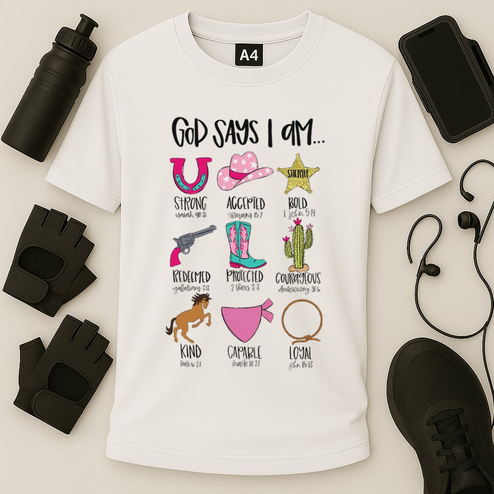 God Says I Am Cowgirl Christian Western Country Bible Verse Cooling Performance Crew T-Shirt