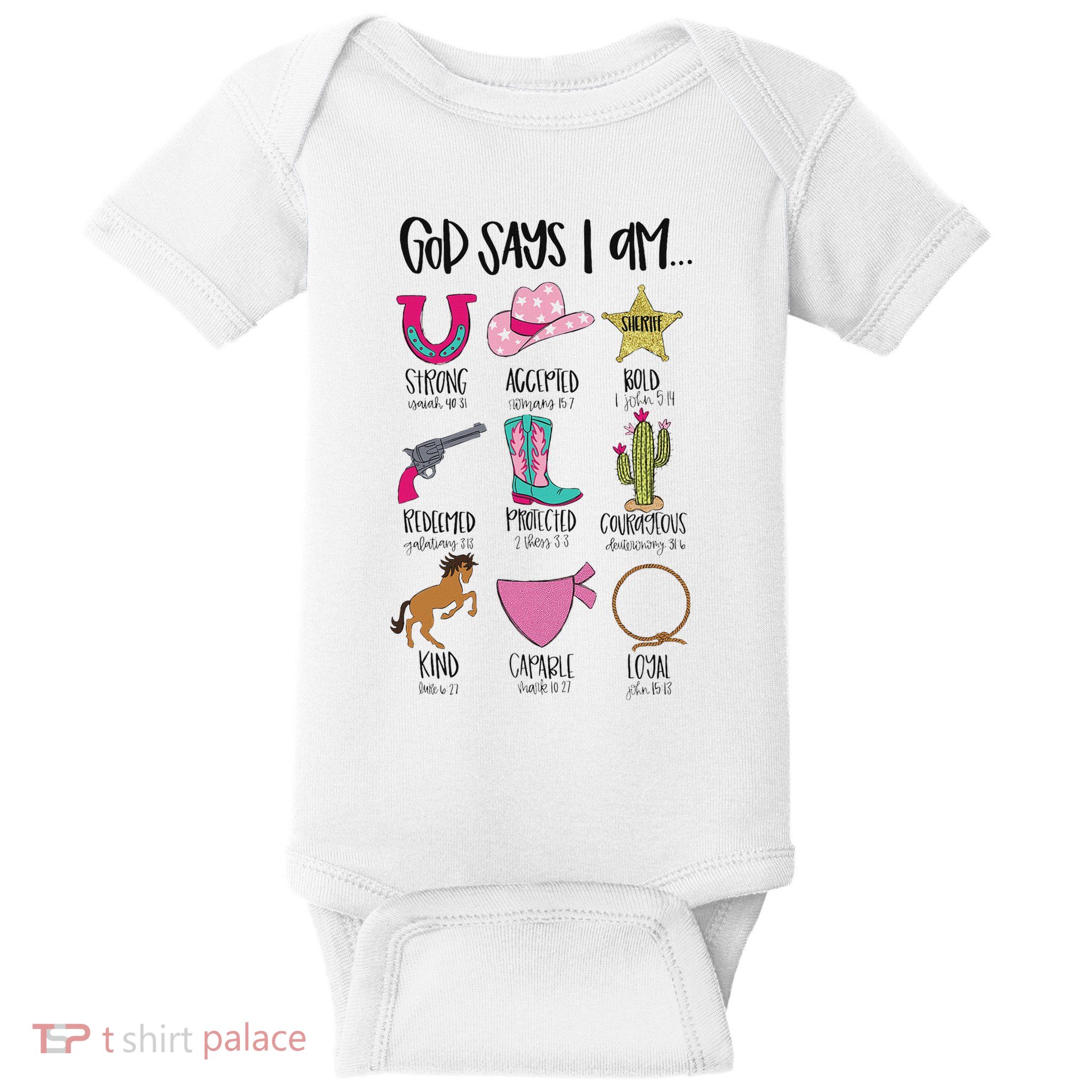 God Says I Am Cowgirl Christian Western Country Bible Verse Baby Bodysuit